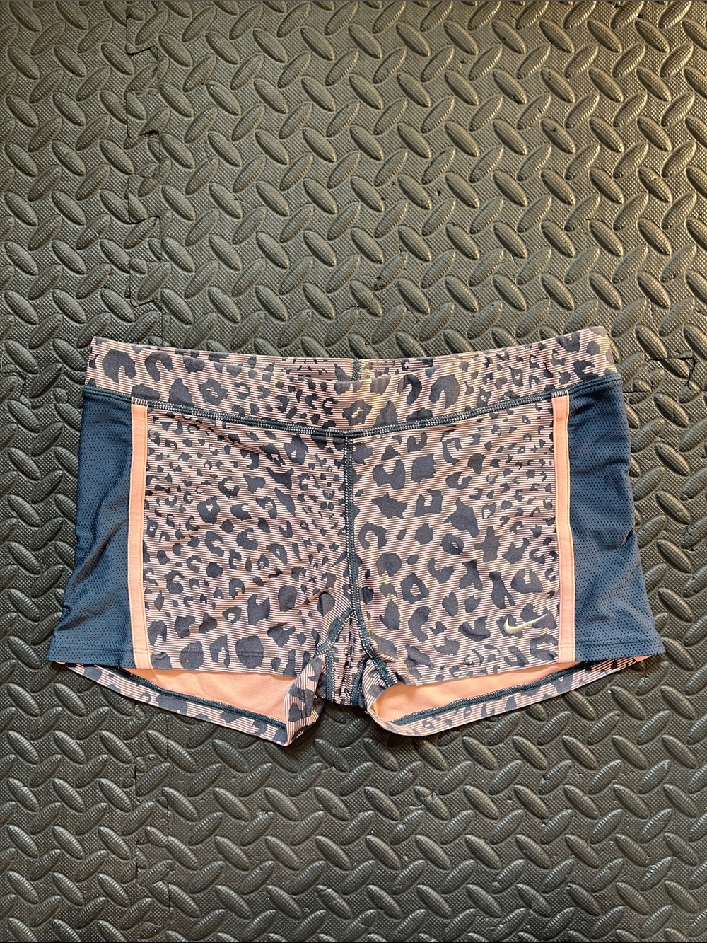 Nike Women's Peach Leopard-Print Training Shorts with Black Mesh Panels